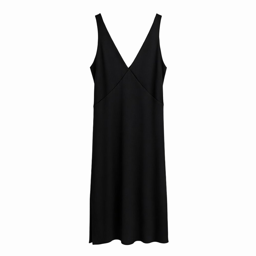 CKB Style Midi-Length Black Satin V-Neck Slip Dress - Picture 2 of 8
